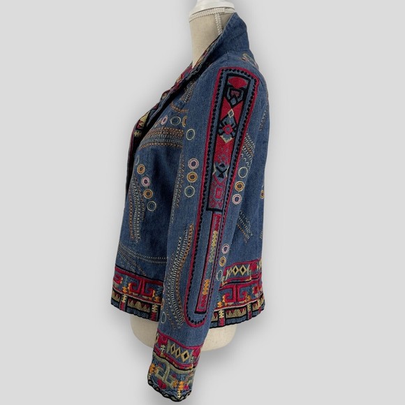 Coldwater Creek Embroidered Bohemian Hippie Denim Jacket Long Sleeve Womens PS - Picture 10 of 16